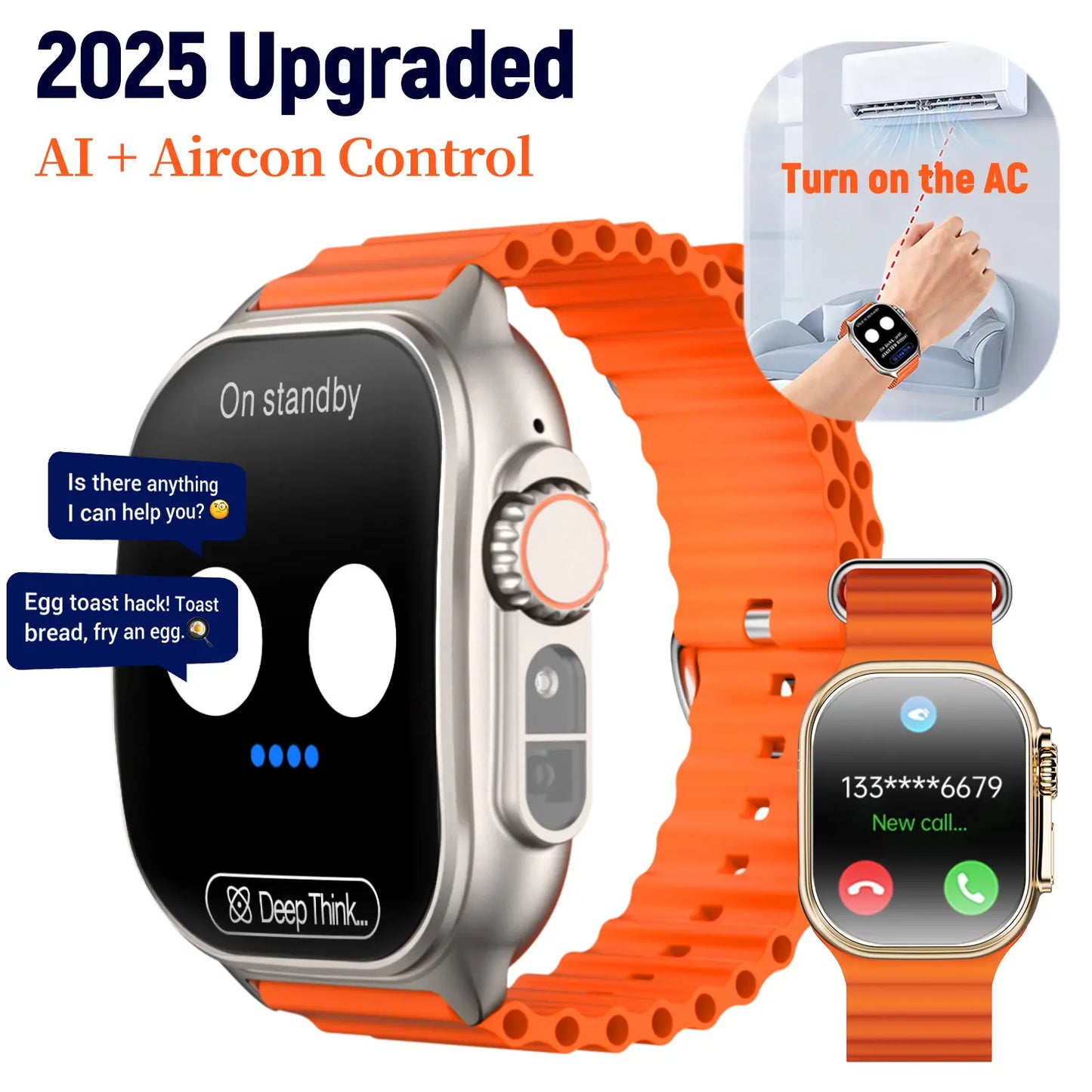 W&O Smart Watch with 2.02" Display, Bluetooth Calling, 100+ Sports Modes, Fitness Tracker, APP Notifications, Touch Screen, Compatible with iPhone and Android, Ideal for Gifting