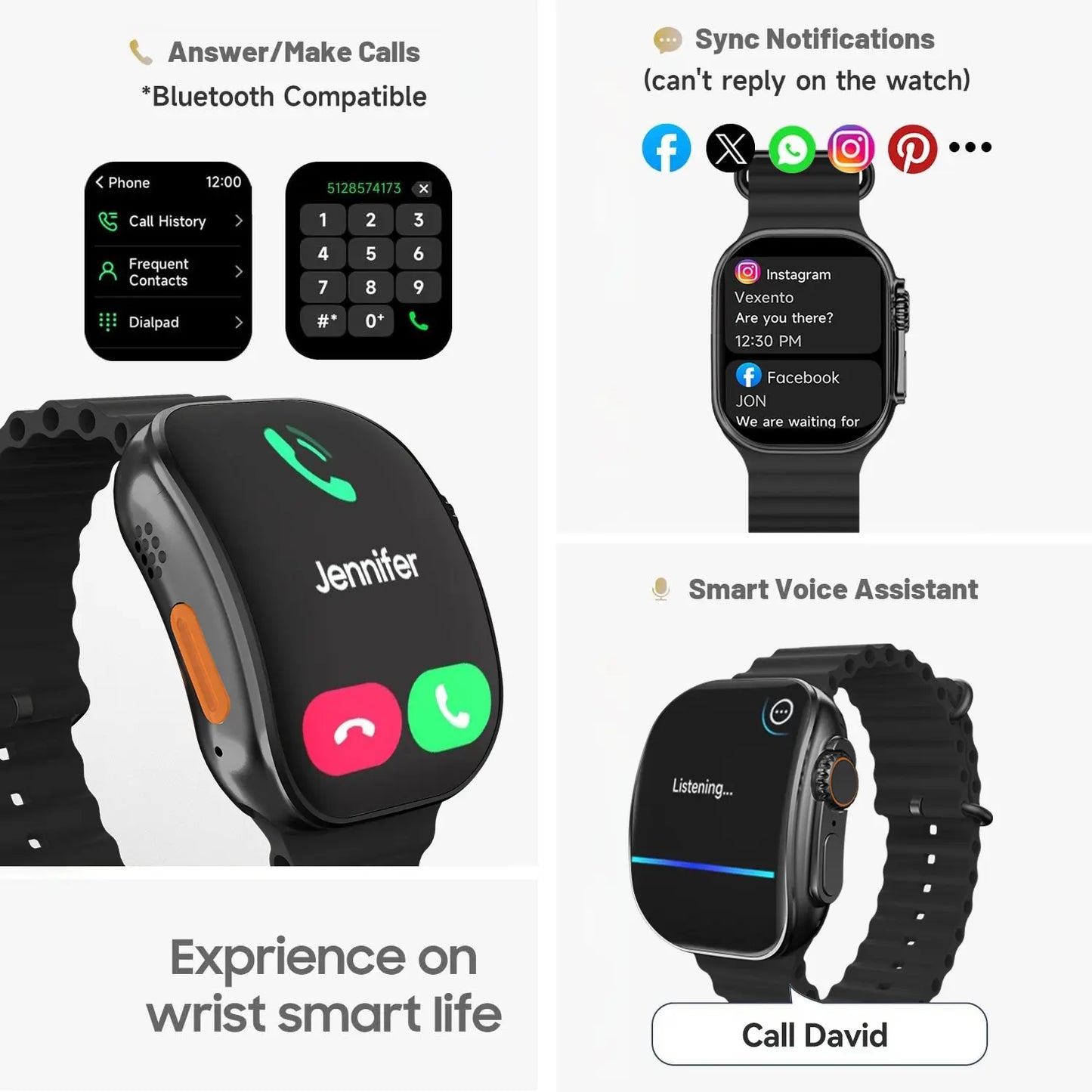 W&O Smart Watch with 2.02" Display, Bluetooth Calling, 100+ Sports Modes, Fitness Tracker, APP Notifications, Touch Screen, Compatible with iPhone and Android, Ideal for Gifting