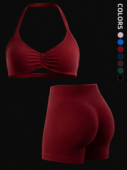 Seamless 2-Piece Sports Bra Set with Padding and High-Waisted Peach Yoga Shorts for Women - Sleeveless Activewear Workout Ensemble