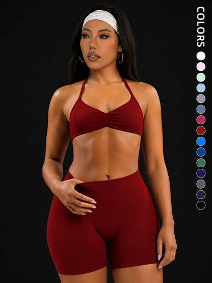 Seamless 2-Piece Sports Bra Set with Padding and High-Waisted Peach Yoga Shorts for Women - Sleeveless Activewear Workout Ensemble