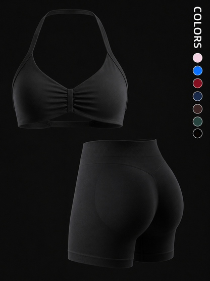 Seamless 2-Piece Sports Bra Set with Padding and High-Waisted Peach Yoga Shorts for Women - Sleeveless Activewear Workout Ensemble