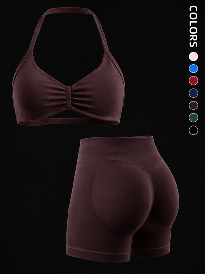 Seamless 2-Piece Sports Bra Set with Padding and High-Waisted Peach Yoga Shorts for Women - Sleeveless Activewear Workout Ensemble